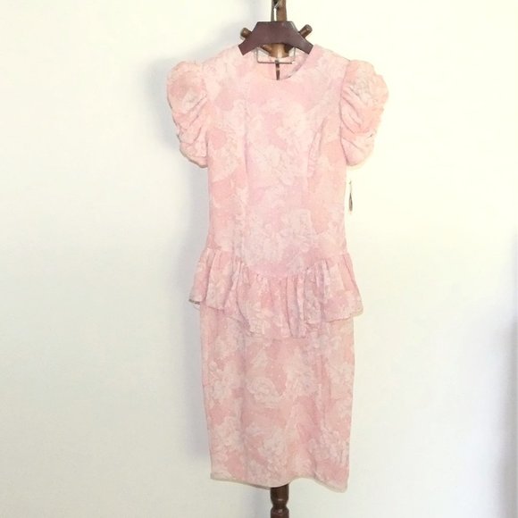 Vintage Nicki's Girl Pink Floral Peplum Sheath Dress Ruched Sleeves - Picture 1 of 7